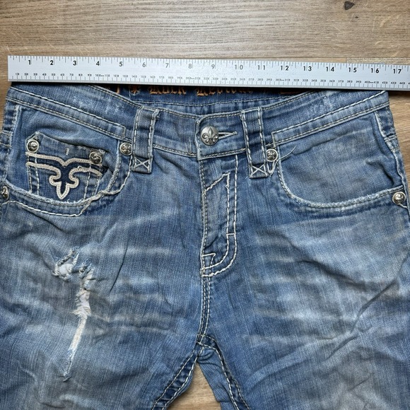 Rock Revival Jeans Mens 33 Richie Straight Leg Thrashed Rockstar Repaired Denim - Picture 10 of 14